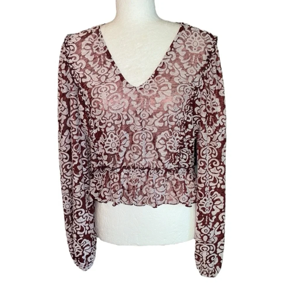 Anthropologie Brown Jacquard Ruffle Cropped Peasant Blouse - L